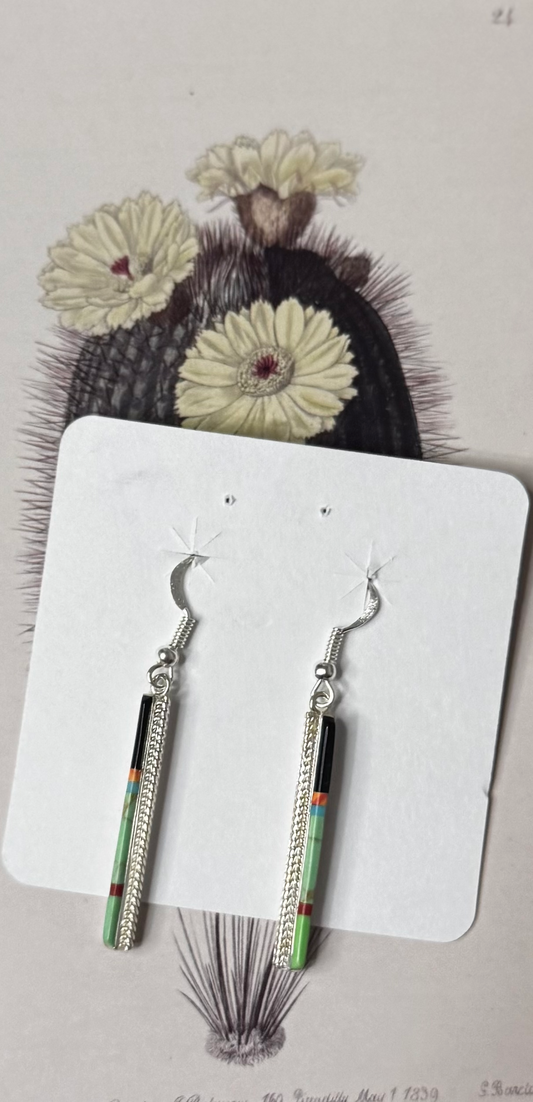 Multi Stone Inlay Dangling Earrings - Sterling Silver - Native Handmade - BARNE (artist)