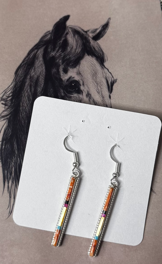 Orange Inlay Dangling Earrings - Sterling Silver - Native Handmade - BARNE (artist)