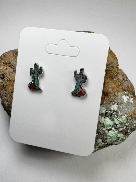 Inlay Cactus Post Earrings - Sterling Silver