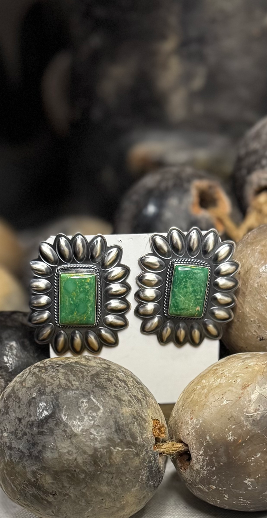 Large Concho with Rectangle Stone Dangling Earrings - King Manassa Turquoise - Sterling Silver - Native Handmade - RJ (artist)