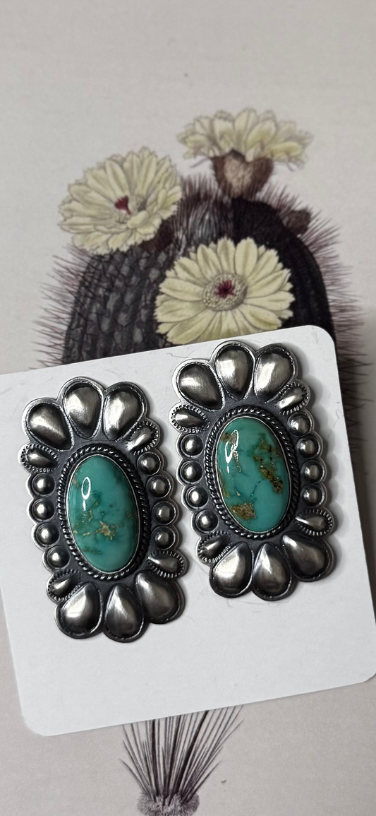 Large Concho Rectangle Earrings with Stone - King Manassa Turquoise - Sterling Silver - Native Handmade - RJ (artist)