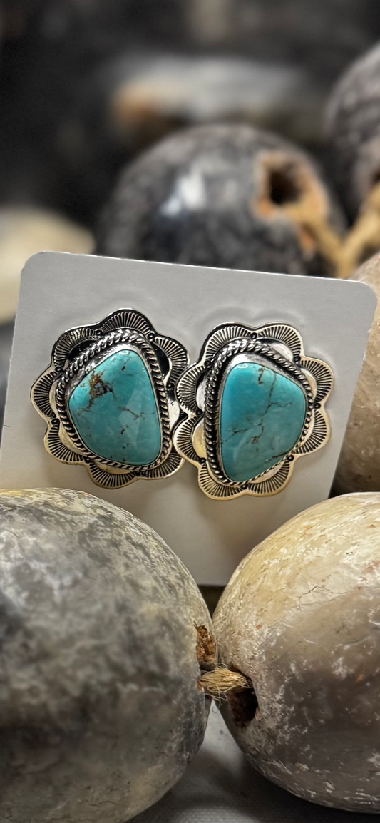 Large Ruffle Earrings with Large Stone - King Manassa Turquoise - Sterling Silver - Native Handmade - VW Yile (artist)