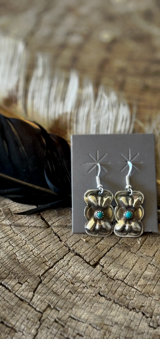 Rectangular Concho Earrings - Sterling Silver - Kingman Turquoise - Native Handmade - Joan Begay (artist)