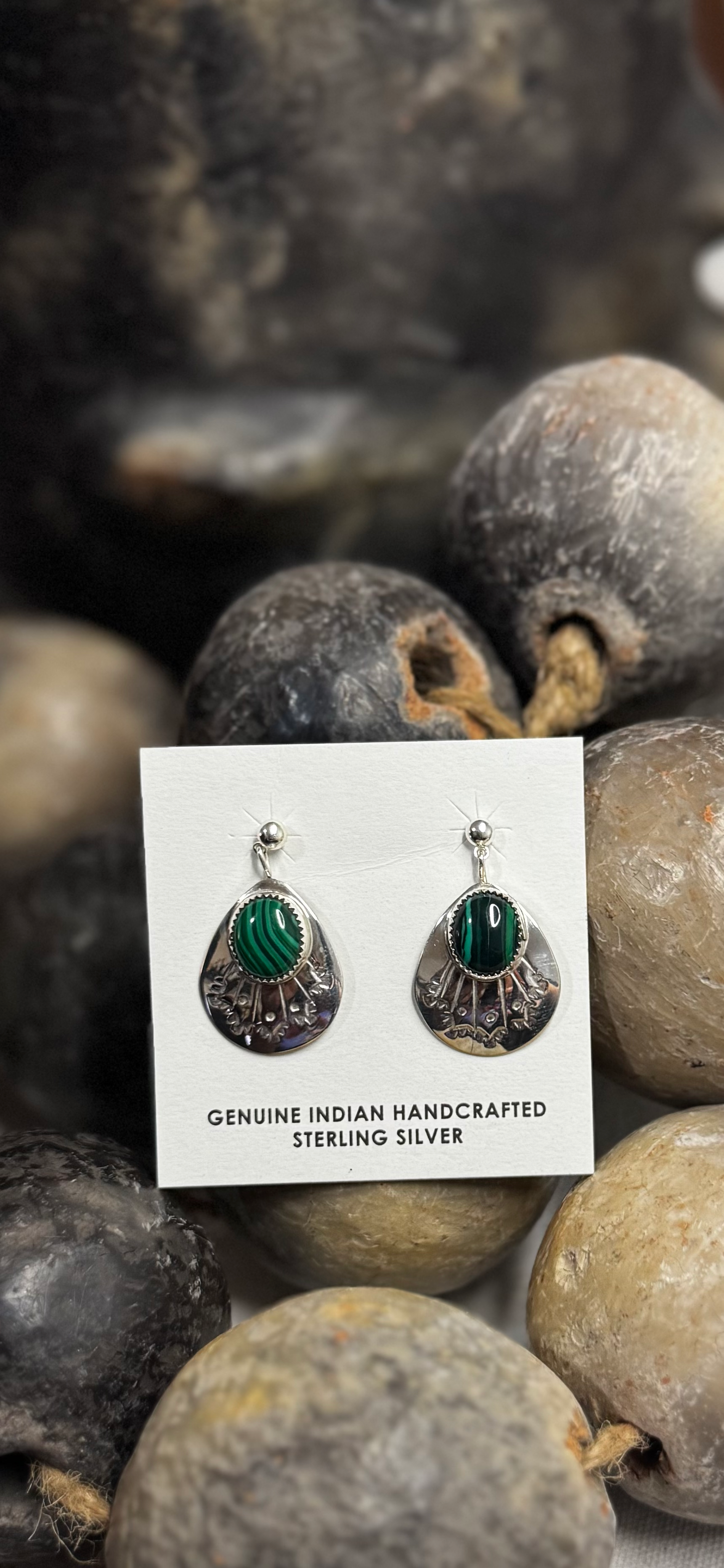 Dangling Earrings with Malachite - Sterling Silver - Native Handmade - Brenda Pete (artist)
