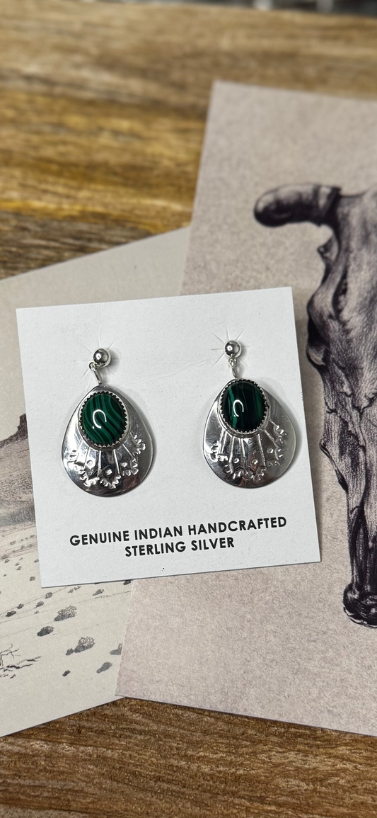 Dangling Earrings with Malachite - Sterling Silver - Native Handmade - Brenda Pete (artist)