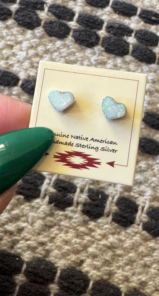 Heart Earrings - Opal - Sterling Silver - Native Handmade - Mary Ann Neha (artist)