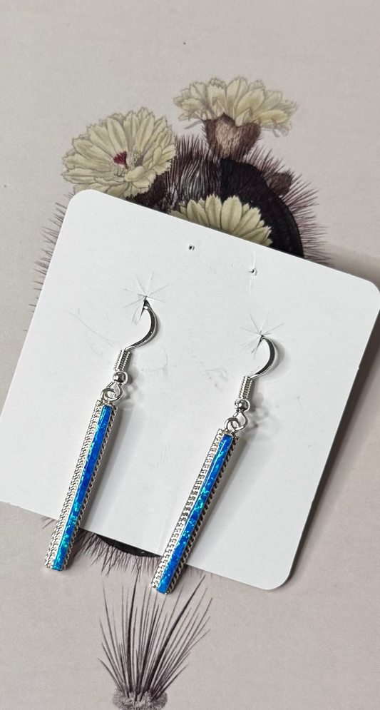 Long Bar Dangling Blue Opal Earrings - Sterling Silver - Native Handmade - BARNE (artist)