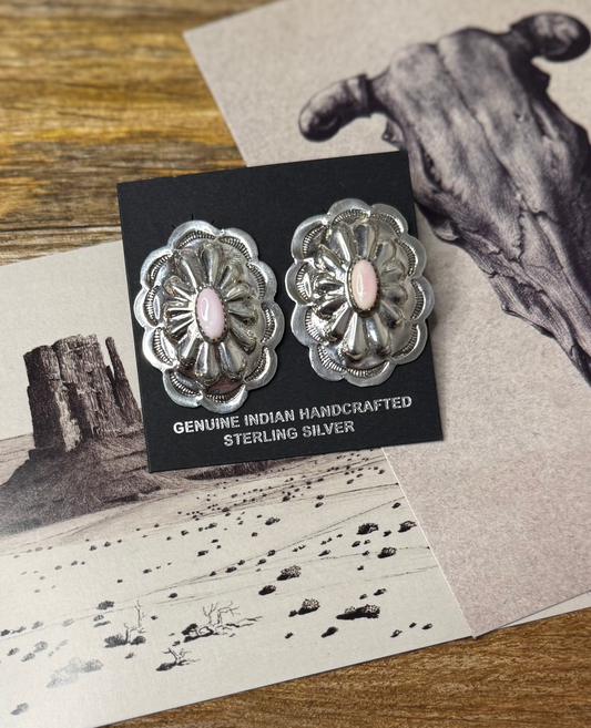 Concho Earrings with Pink Stone - Sterling Silver - Native Handmade - Y (artist)