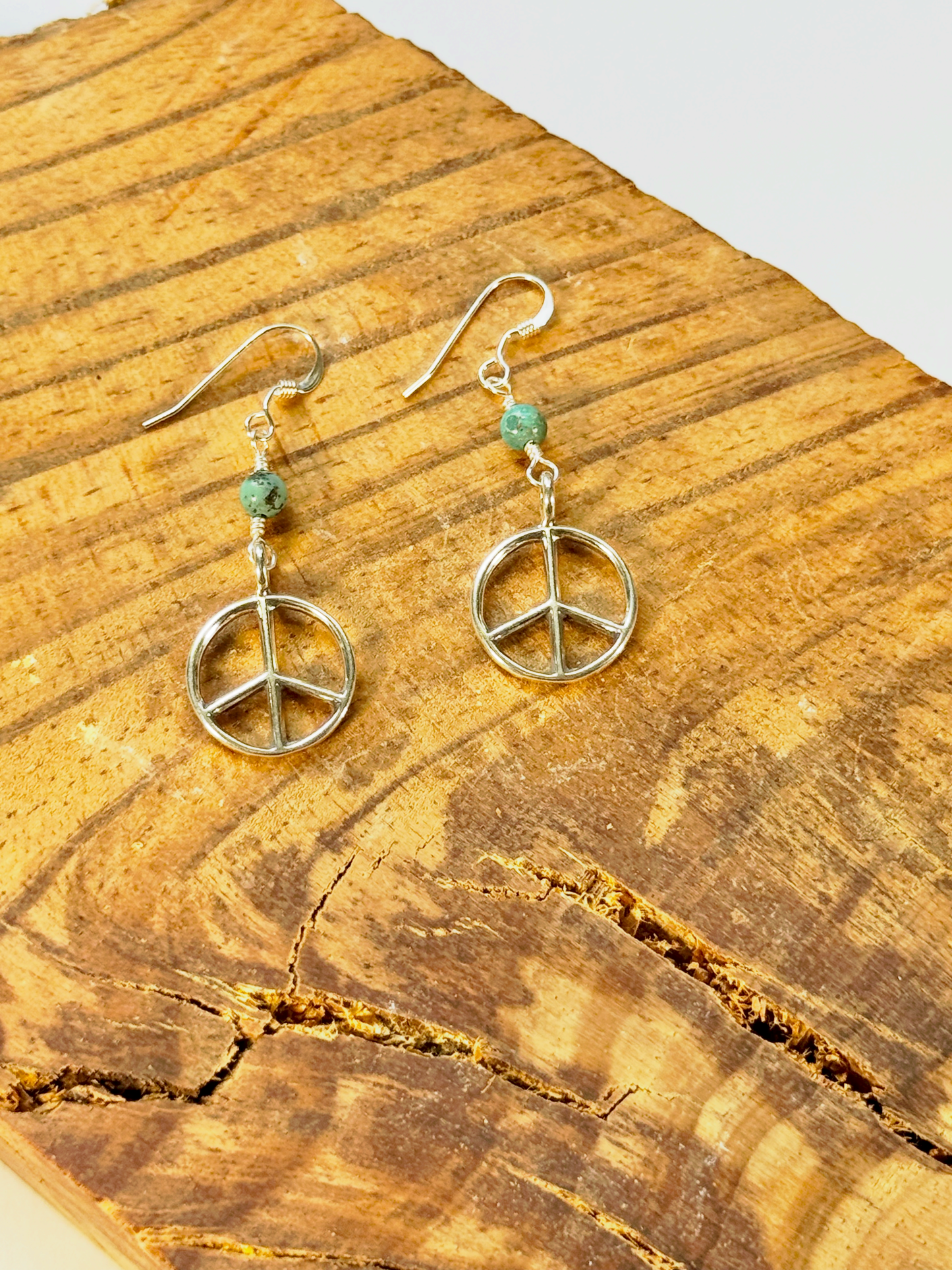 Peace Dangle Earrings - Turquoise Bead - Sterling Silver