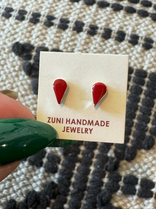 Tear Drop Earrings - Red Coral - Sterling Silver - Native Handmade - Angie Rosetta (artist)