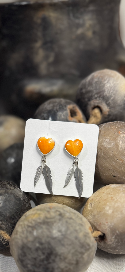 Orange Spiny Oyster with Feathers Dangling Earrings - Sterling Silver - Native Handmade - AP (artist)