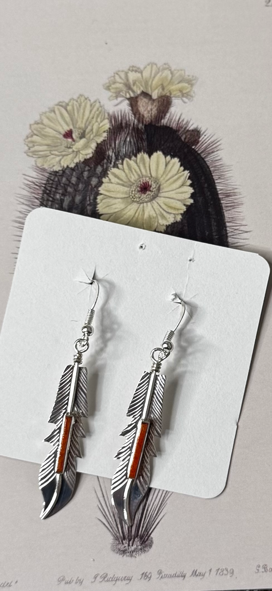 Feather Earrings with Orange Spiny Oyster - Sterling Silver - Native Handmade - BARNE (artist)