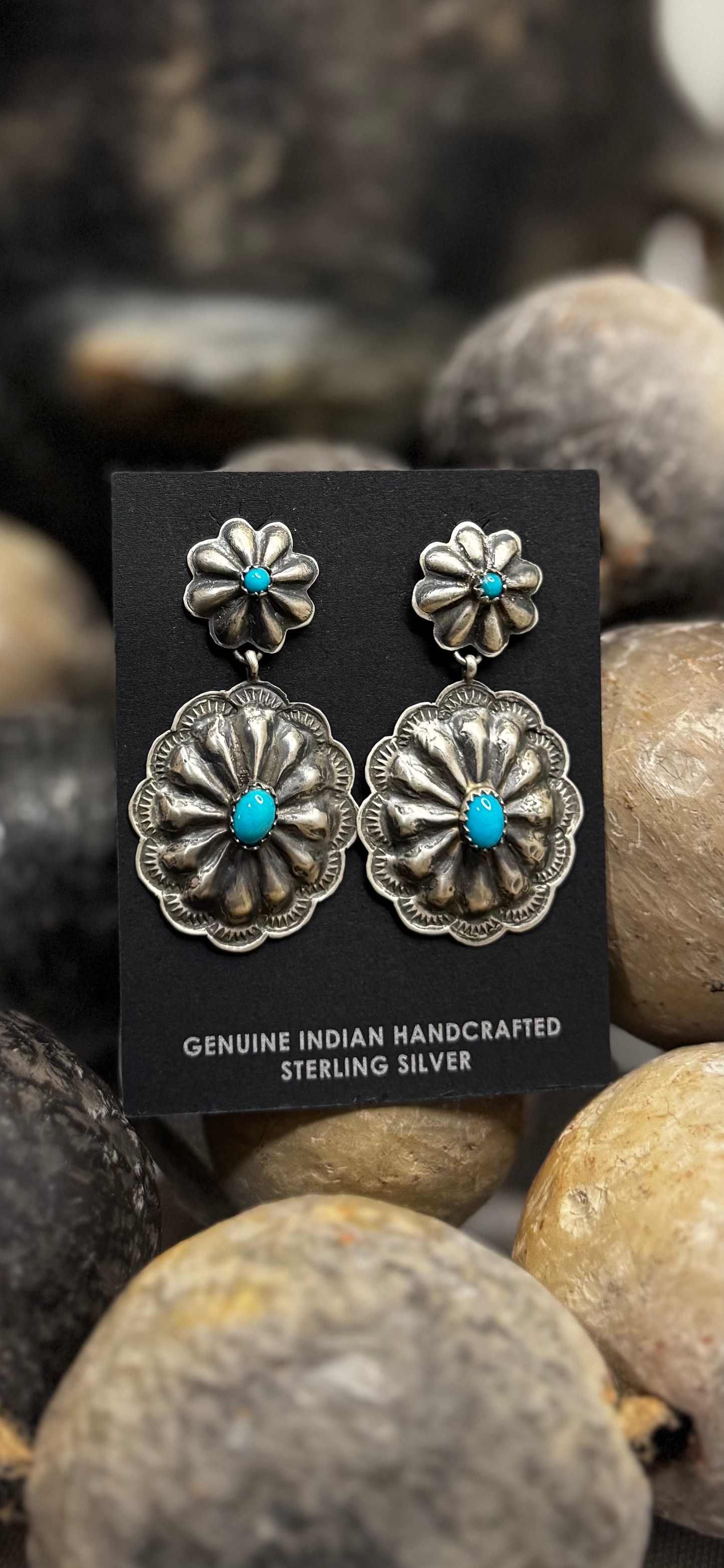 Double Concho Turquoise Earrings - Sterling Silver - Native Handmade - RL (artist)
