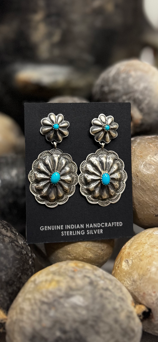Double Concho Turquoise Earrings - Sterling Silver - Native Handmade - RL (artist)