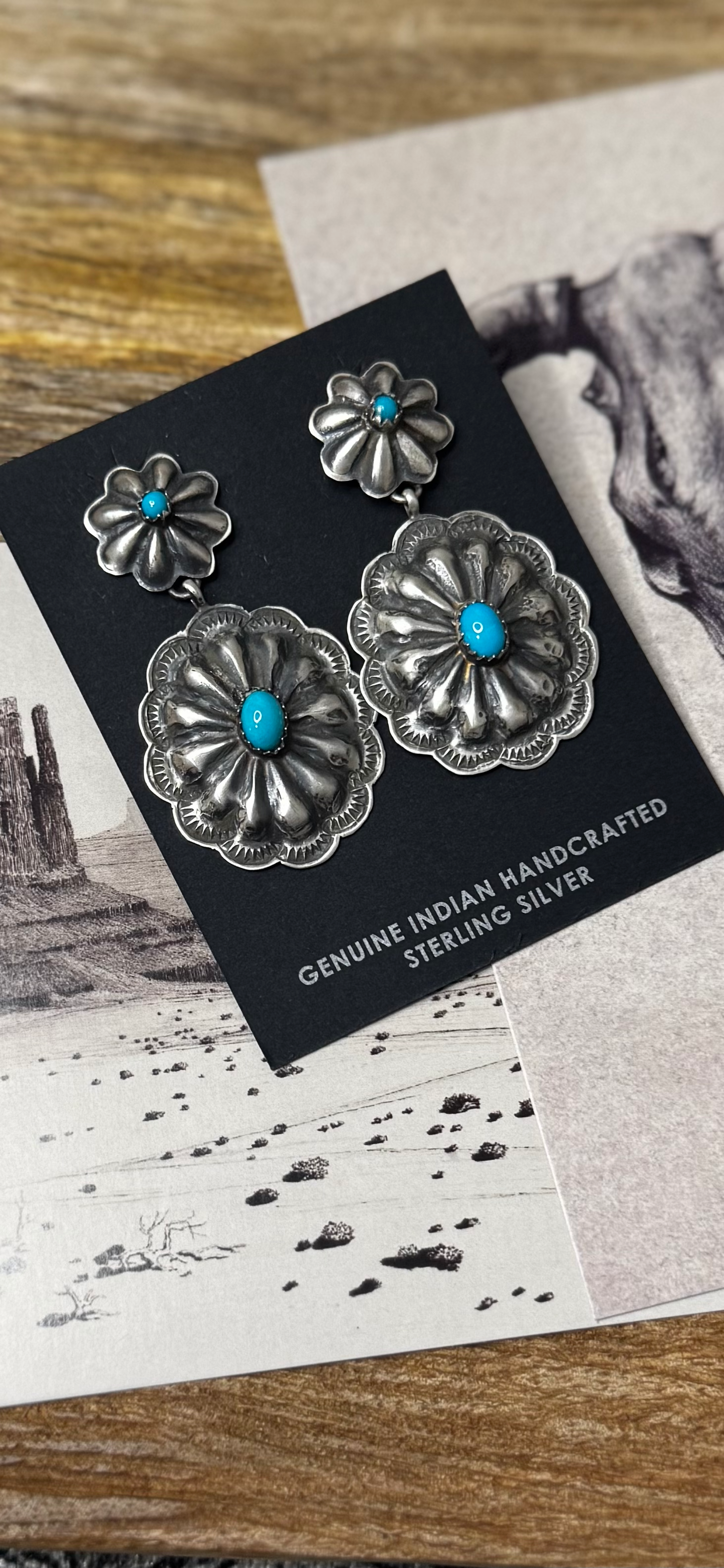 Double Concho Turquoise Earrings - Sterling Silver - Native Handmade - RL (artist)