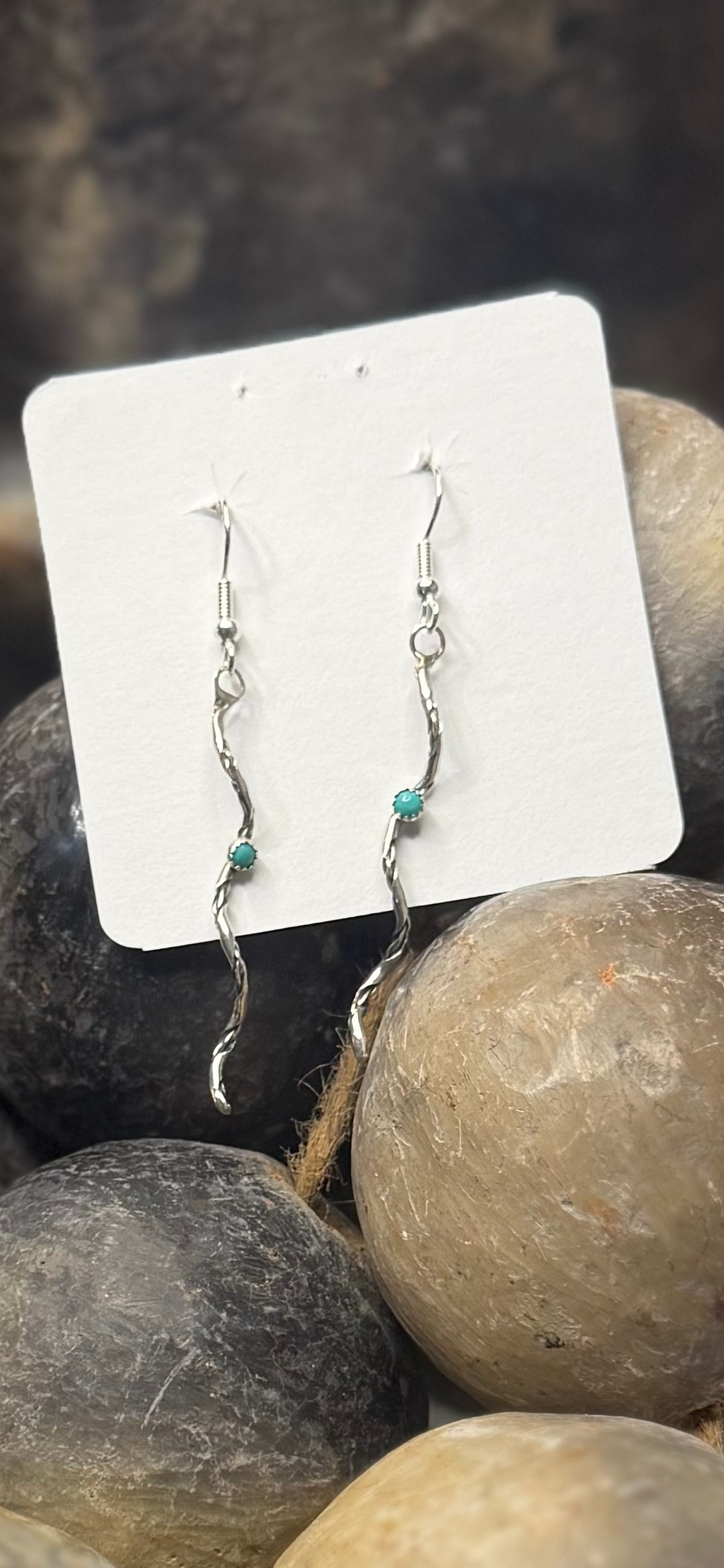 Coil Dangling Earrings with Turquoise - Sterling Silver - Native Handmade