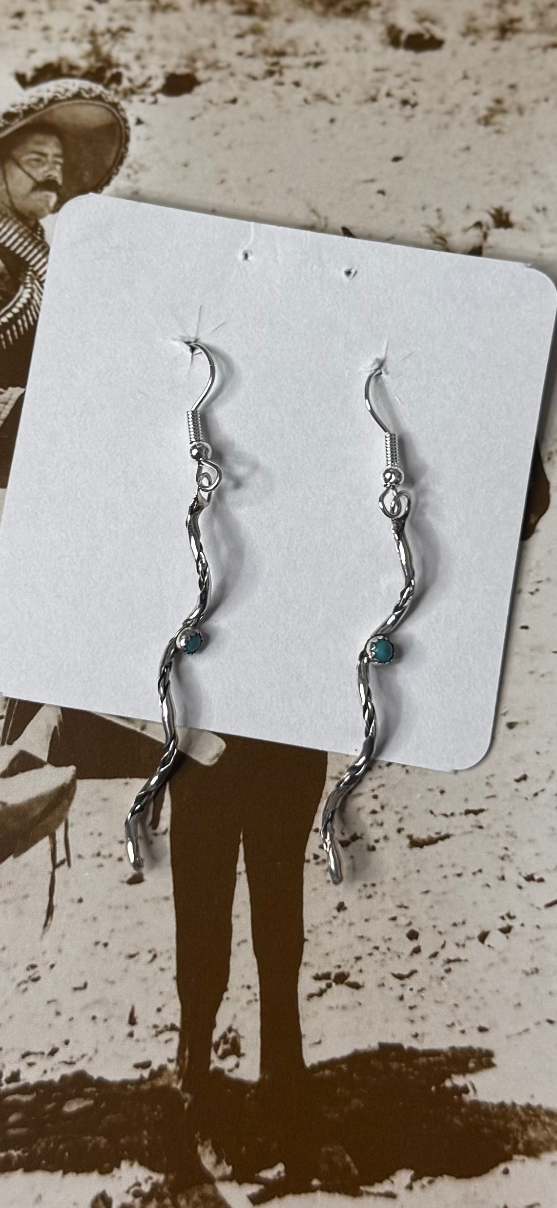 Coil Dangling Earrings with Turquoise - Sterling Silver - Native Handmade