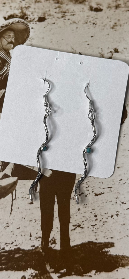 Coil Dangling Earrings with Turquoise - Sterling Silver - Native Handmade