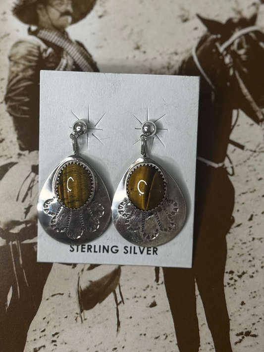 Dangling Earrings - Tiger Eye - Sterling Silver - Native Handmade - Brenda Pete (artist)