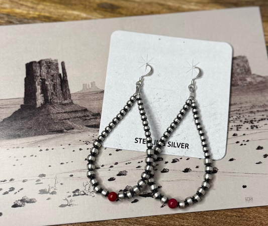 Silver Pearls Dangling Earrings with Red Bead - Sterling Silver