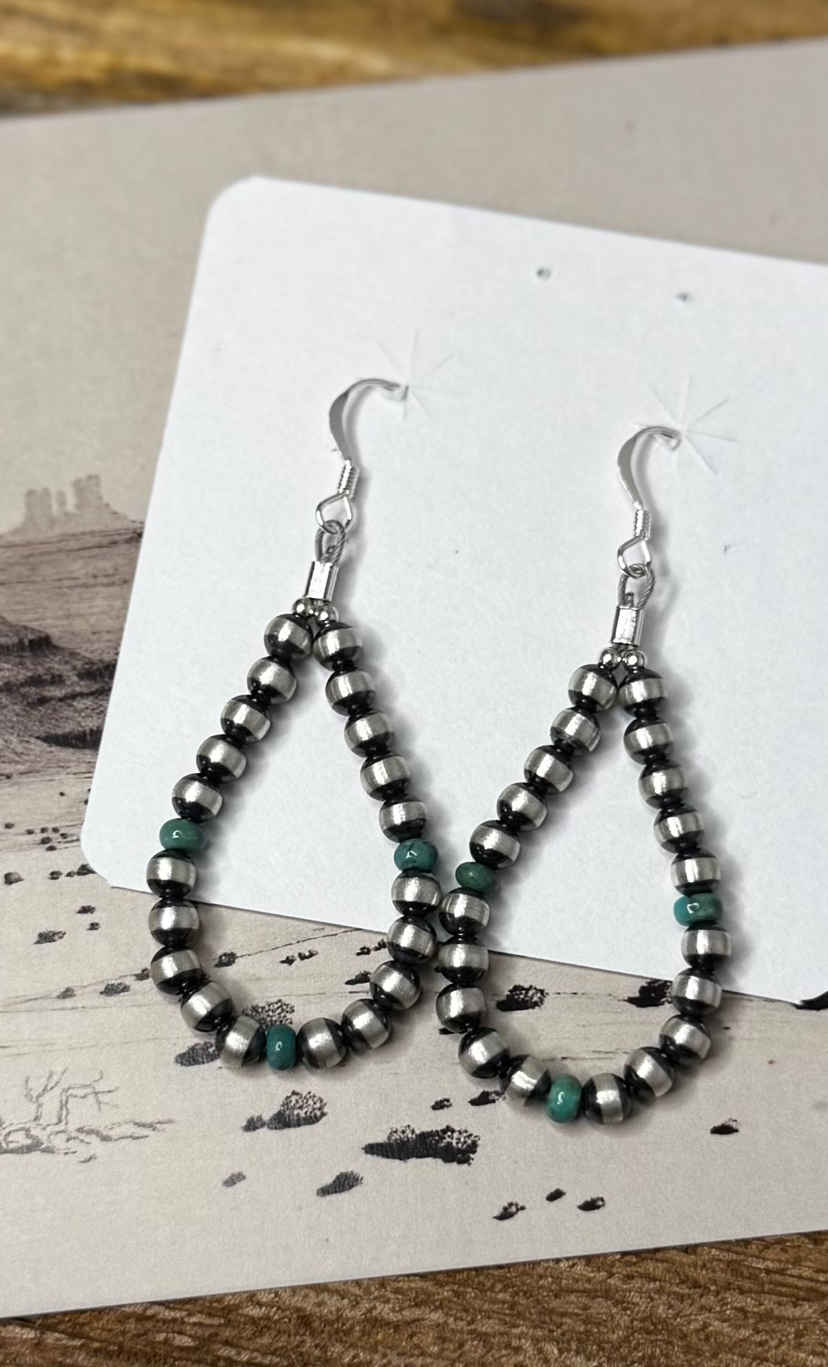 Silver Pearls Dangling Earrings with Turquoise Beads - Sterling Silver