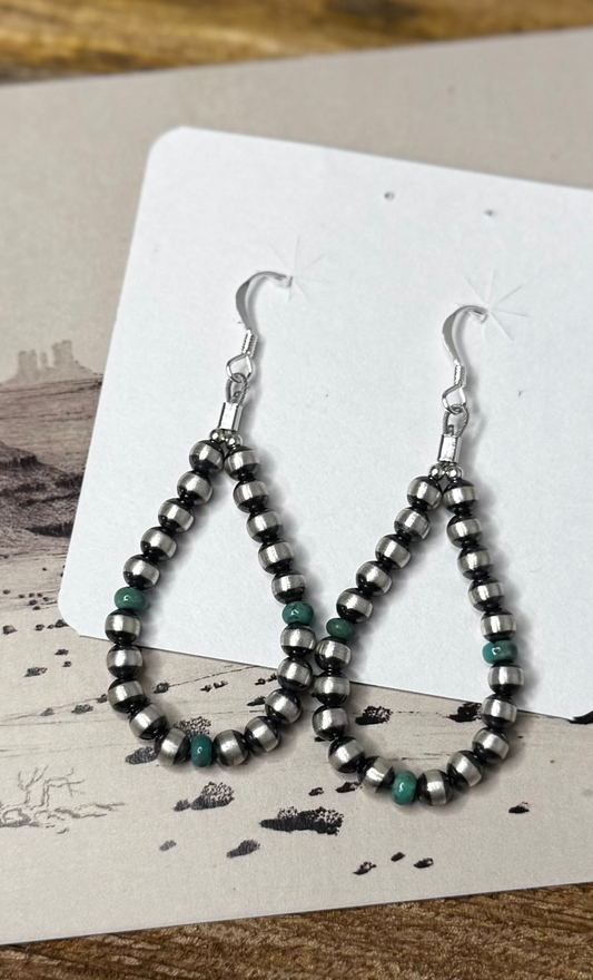 Silver Pearls Dangling Earrings with Turquoise Beads - Sterling Silver