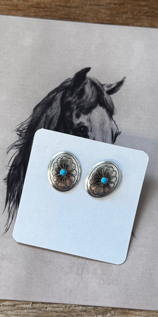 Concho Post Earrings with Turquoise - Sterling Silver