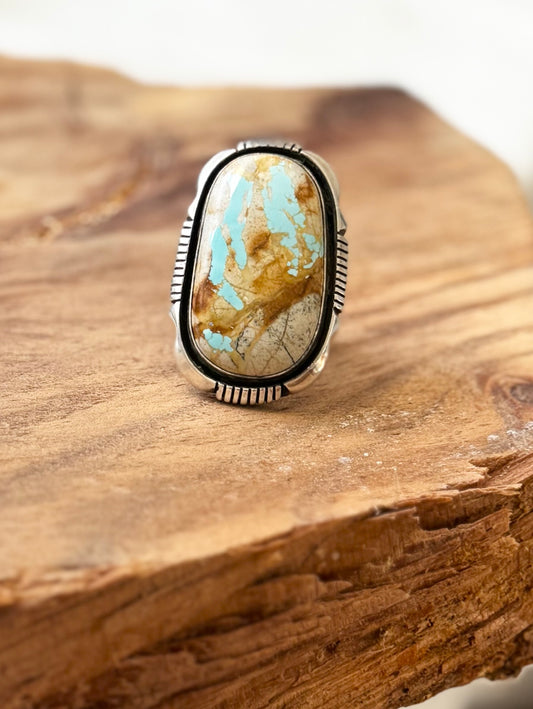 Oval Ring - Boulder Turquoise - Sterling Silver - Navajo Handmade - Lonnie Willie - Size 7.75