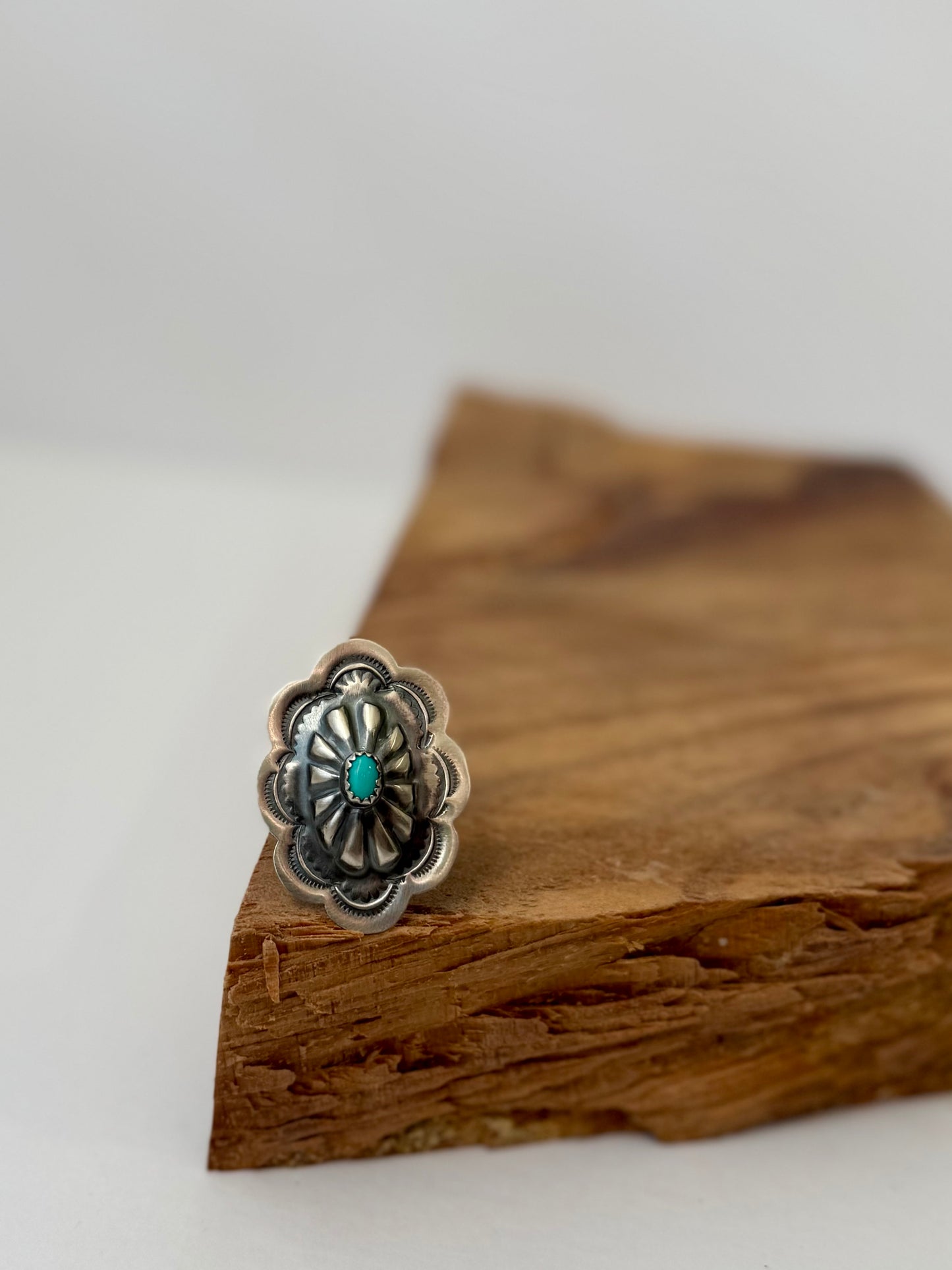 Concho Ring with Turquoise- Artist Ray B - Size Adj. - Native Handmade -Sterling Silver