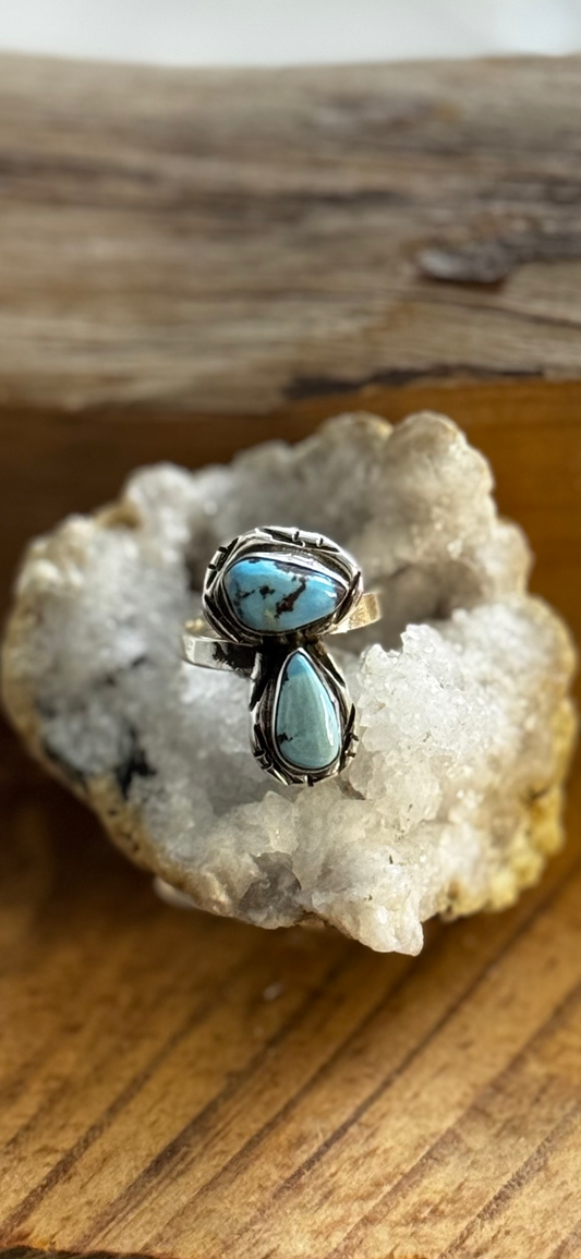 Dual Stone Ring - Golden Hills Turquoise - Sterling Silver - Size Adjustable