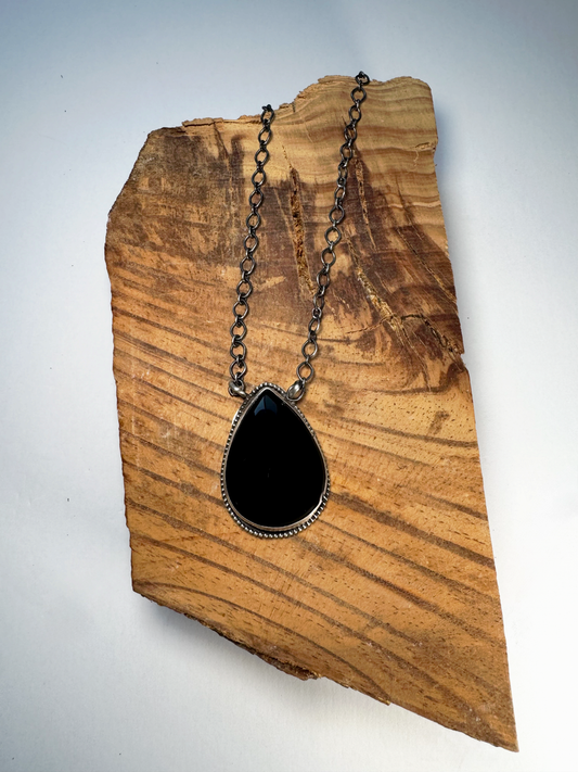 Tear Drop Necklace with Stone - Onyx - Sterling Silver - Native Handmade - HA (artist)