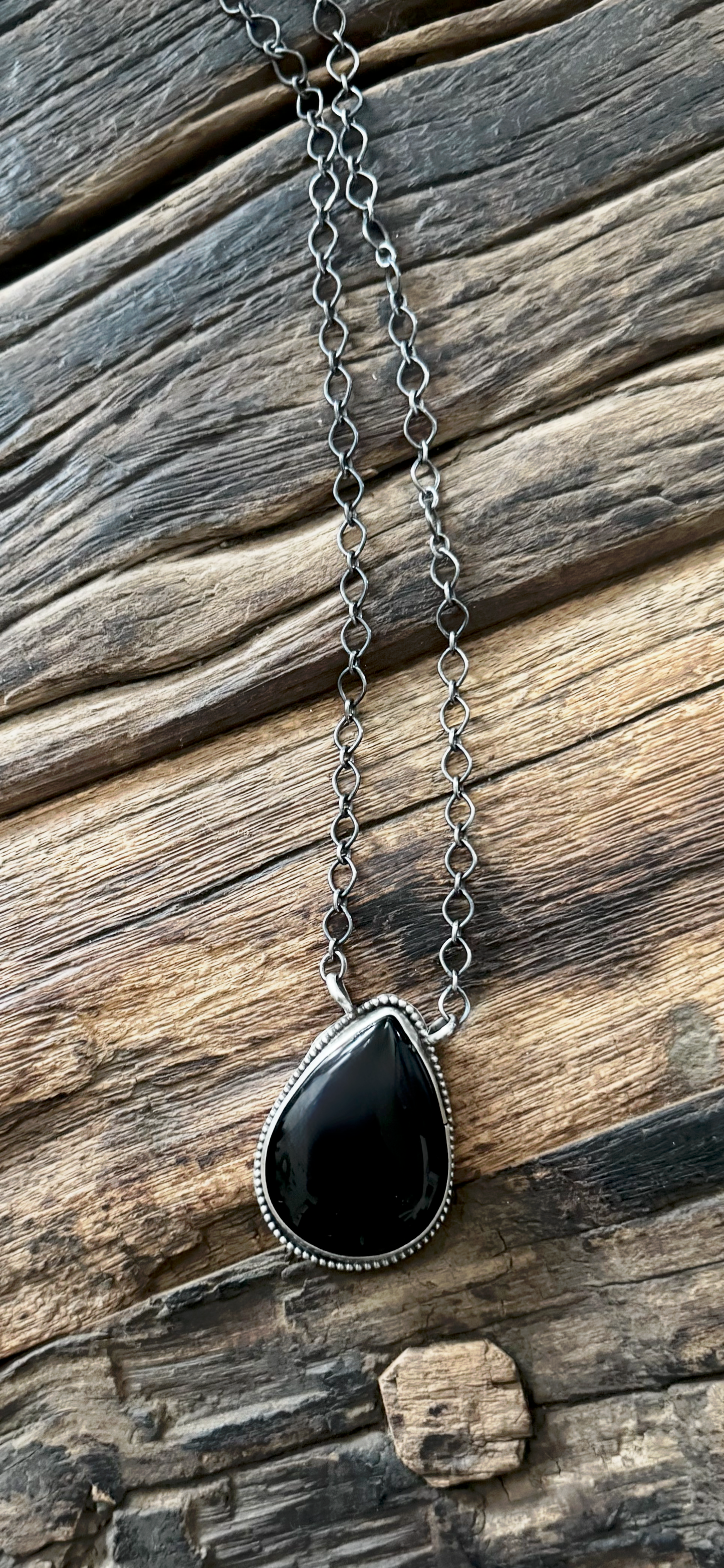 Tear Drop Necklace with Stone - Onyx - Sterling Silver - Native Handmade - HA (artist)