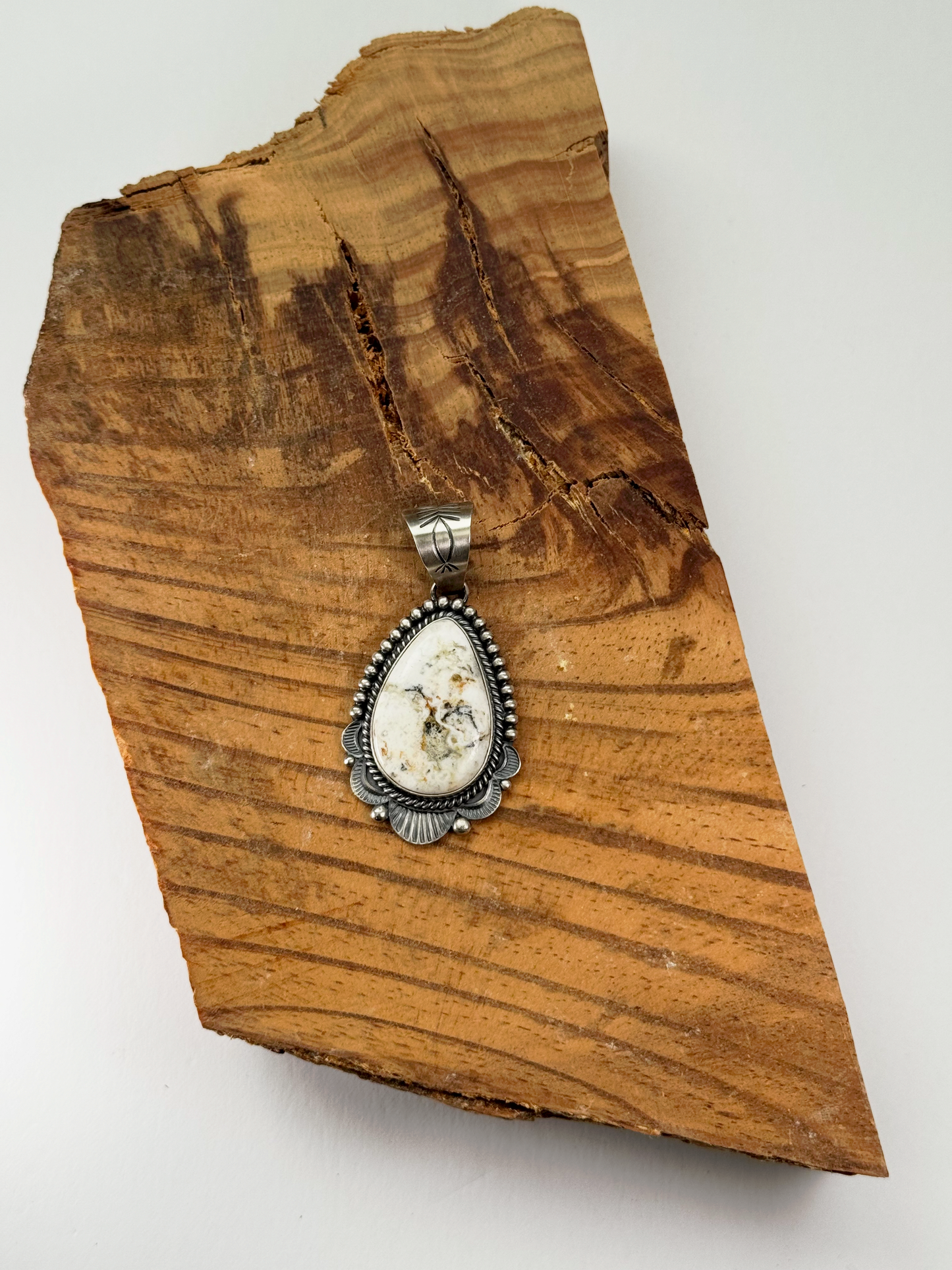 Tear Drop with Ruffles Pendant - White Buffalo - Sterling Silver - Native Handmade - Spencer (artist)