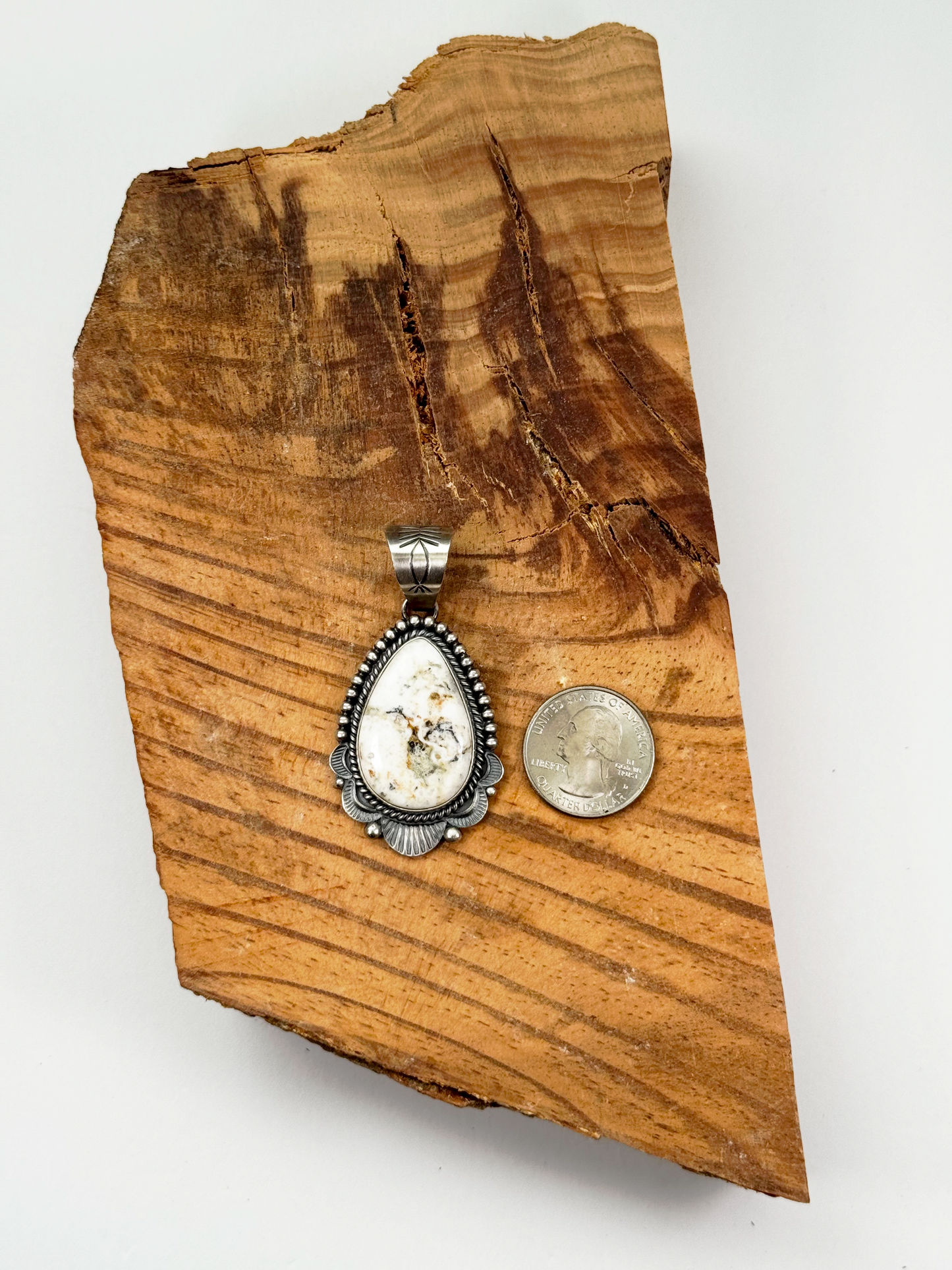 Tear Drop with Ruffles Pendant - White Buffalo - Sterling Silver - Native Handmade - Spencer (artist)