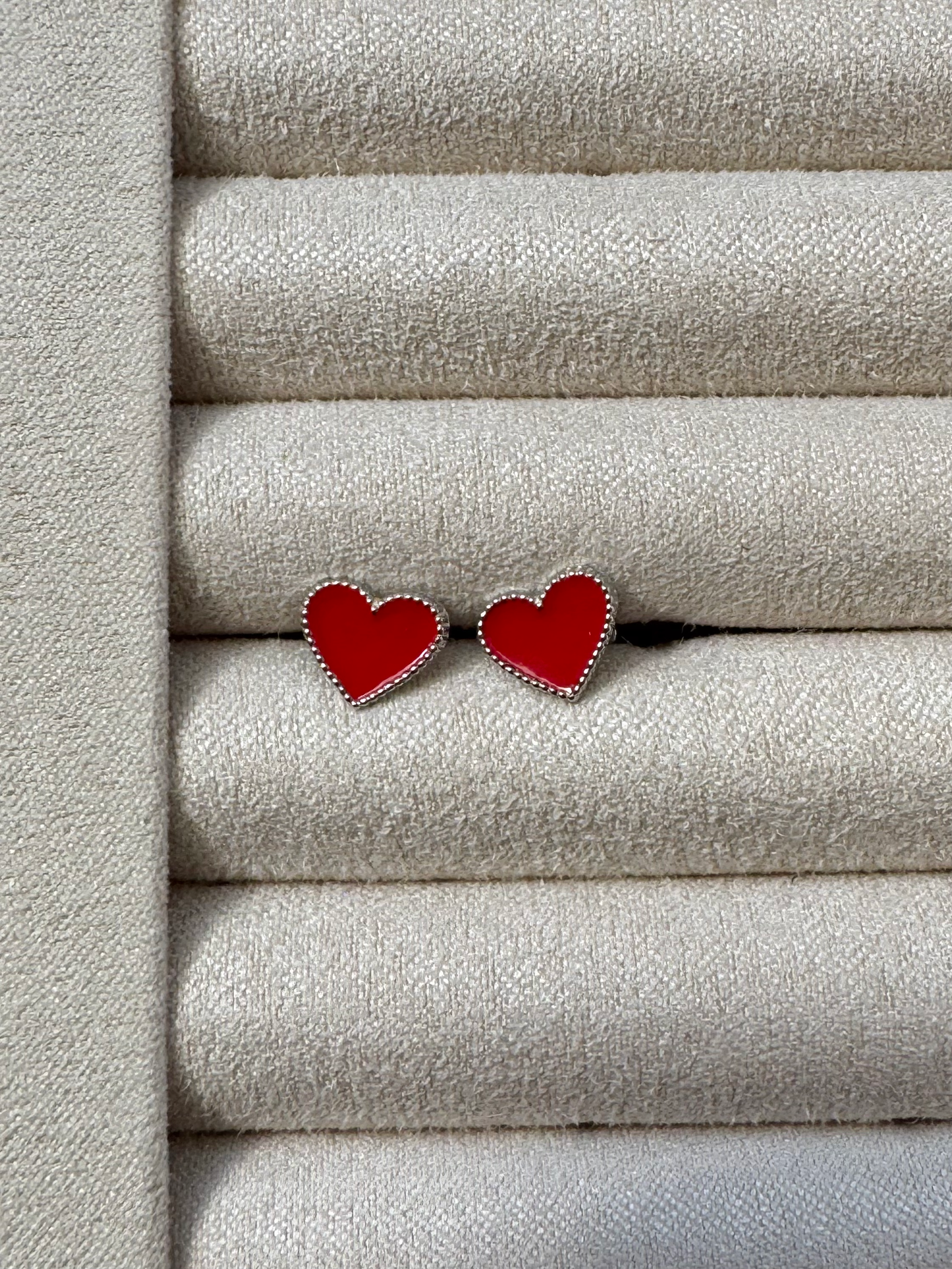 Enamel Red Heart Screw Back Earrings - Sterling Silver - Rhodium Plated