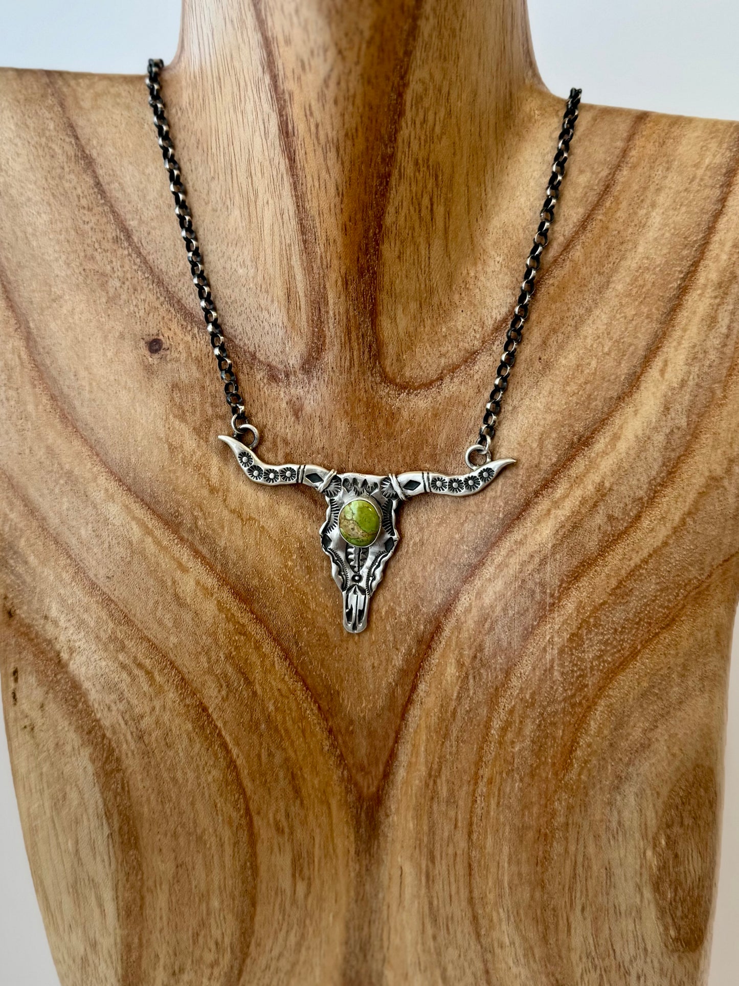 Longhorn Necklace with Carico lake Turquoise- Artist Larry James- Length 20.75" - Native Handmade - Sterling Silver