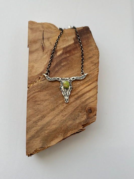 Longhorn Necklace with Carico lake Turquoise- Artist Larry James- Length 20.75" - Native Handmade - Sterling Silver