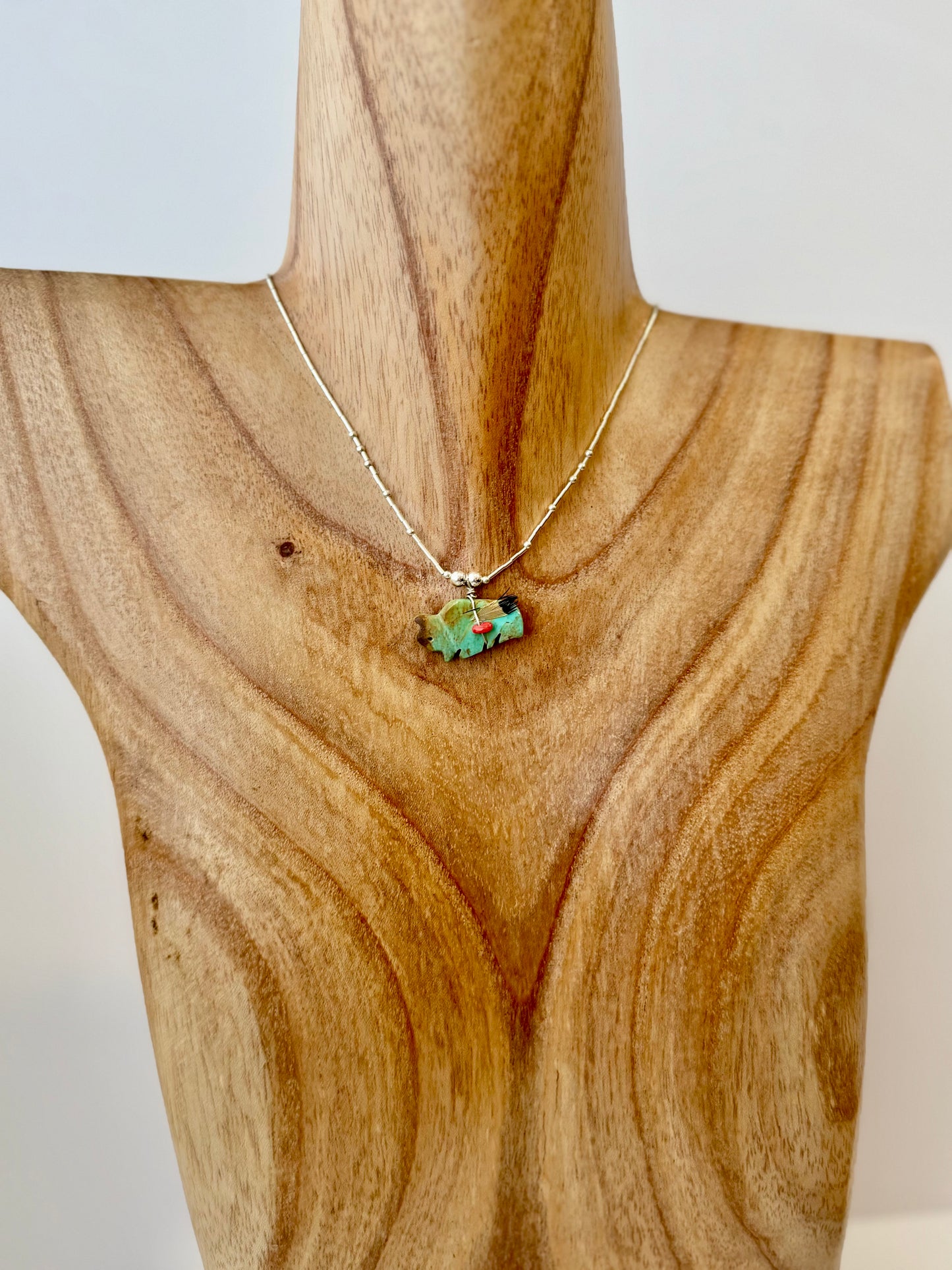 Liquid Silver Turquoise Buffalo with Feather - Length 17"- Sterling Silver