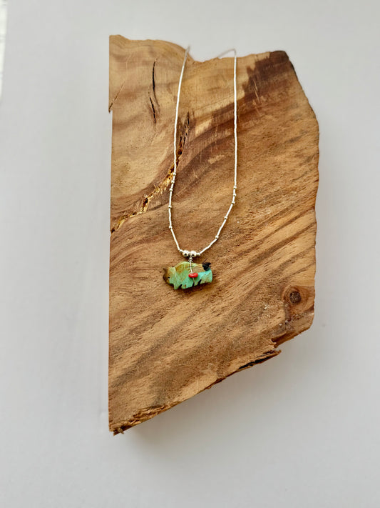 Liquid Silver Turquoise Buffalo with Feather - Length 17"- Sterling Silver
