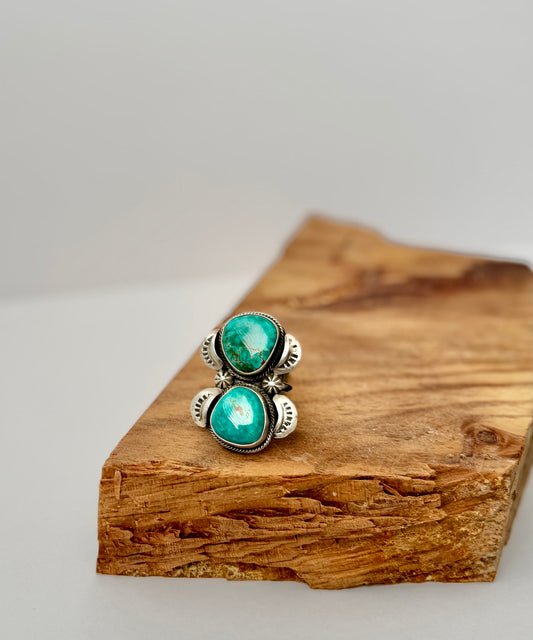 Double Turquoise - Artist Loy - Size 9.5 -Native Handmade- Sterling Silver