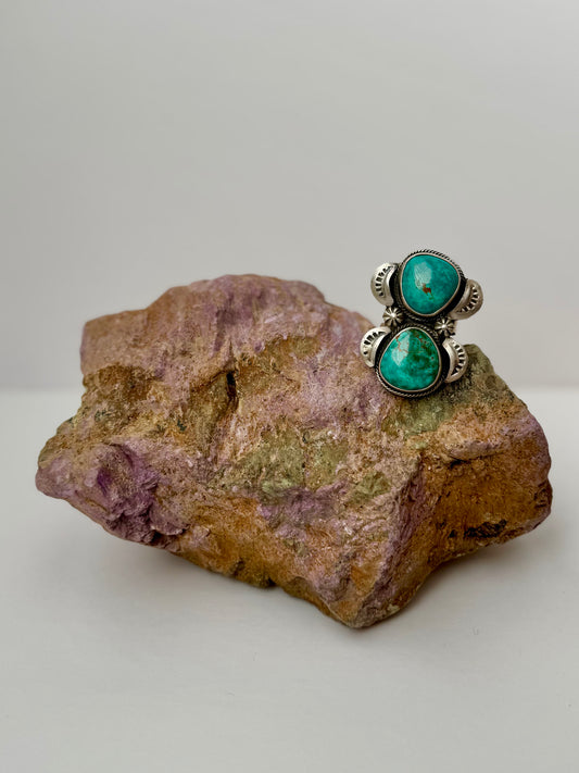 Double Stone Turquoise - Artist Loy - Size 9.5 -Native Handmade- Sterling Silver