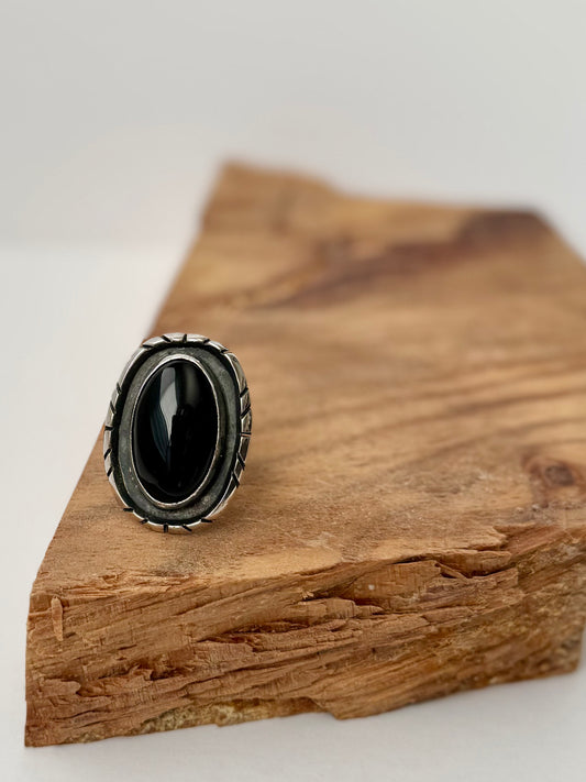 Large Onyx Ring - Artist Chimney Butte- Size 9 -Native Handmade -Sterling Silver