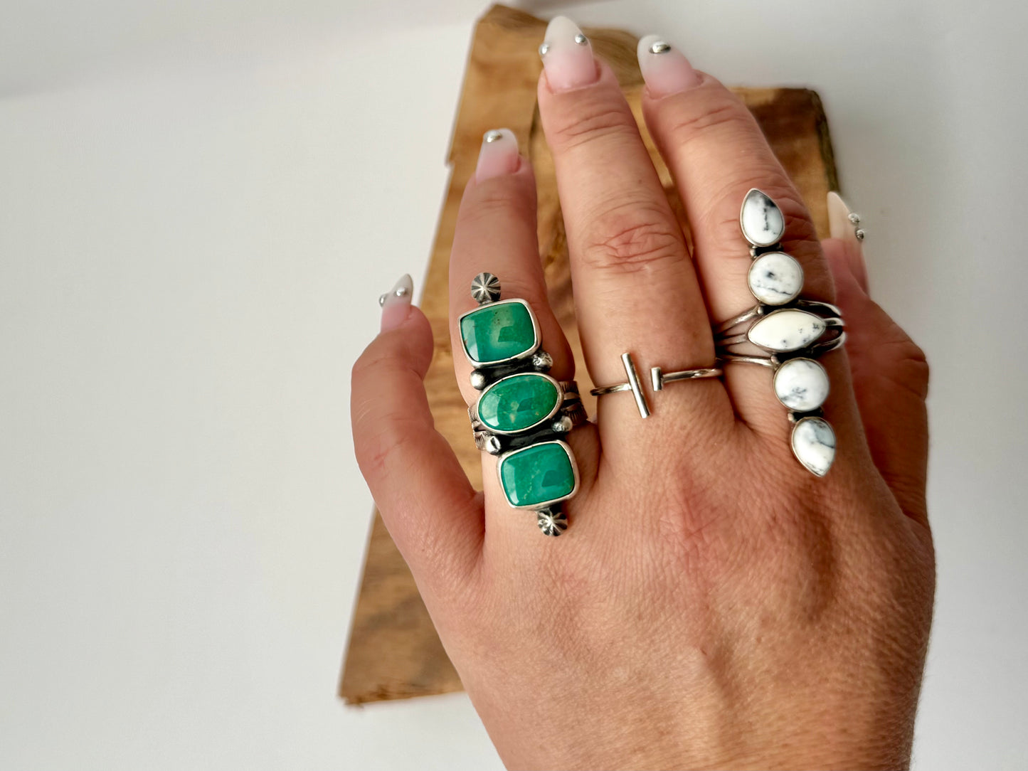 Triple Stone Royston Turquoise Ring - Artist CP - Size 8- Native Handmade -Sterling Silver