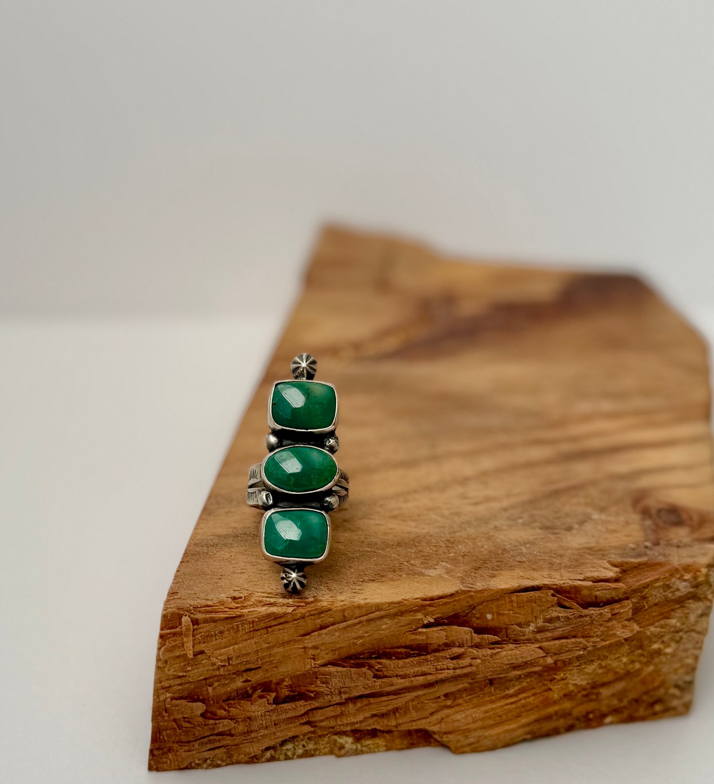Triple Stone Royston Turquoise Ring - Artist CP - Size 8- Native Handmade -Sterling Silver