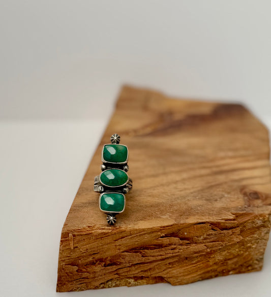Triple Stone Royston Turquoise Ring - Artist CP - Size 8- Native Handmade -Sterling Silver