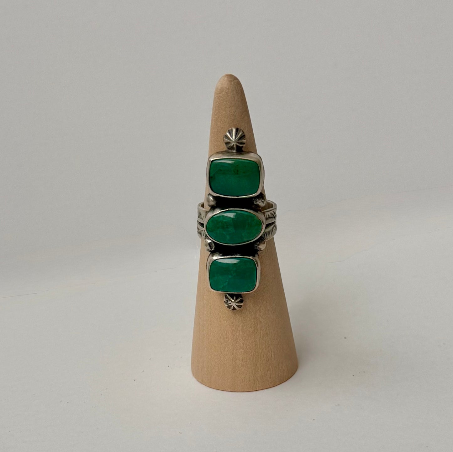 Triple Stone Royston Turquoise Ring - Artist CP - Size 8- Native Handmade -Sterling Silver