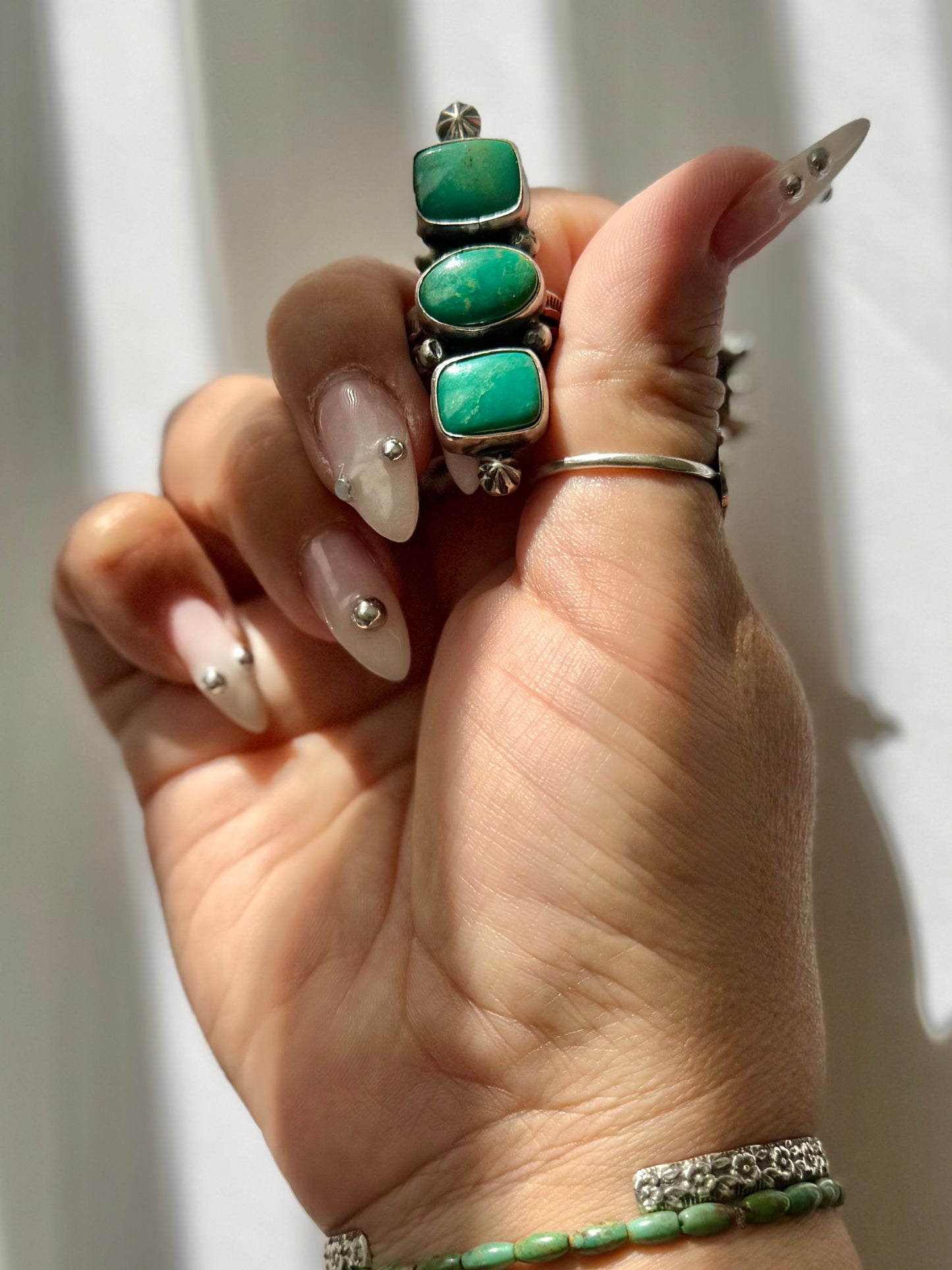 Triple Stone Royston Turquoise Ring - Artist CP - Size 8- Native Handmade -Sterling Silver