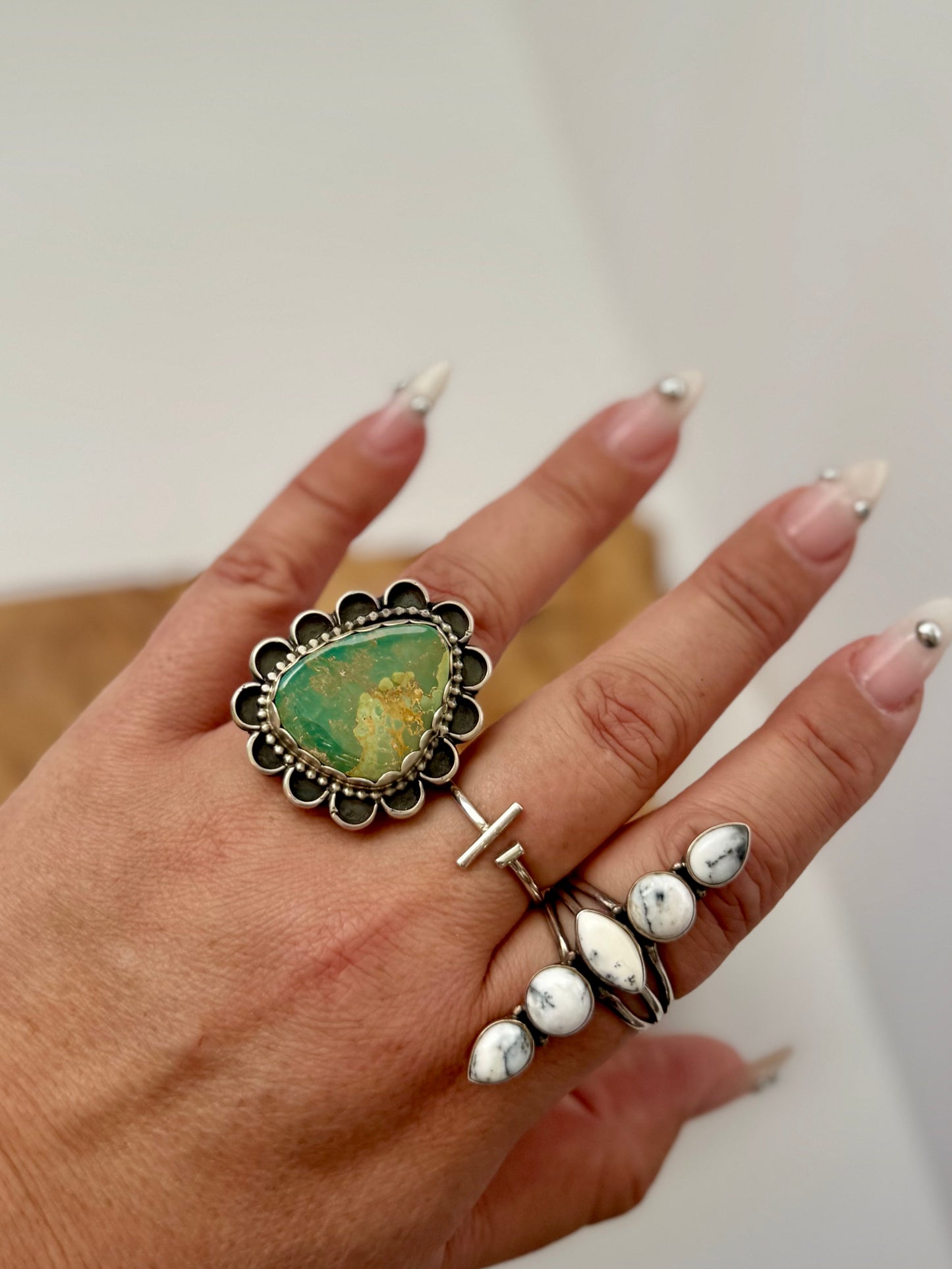 Large Scalloped Royston Turquoise Ring - Sterling Silver - Native Handmade - D (Artist) - Size Adjustable