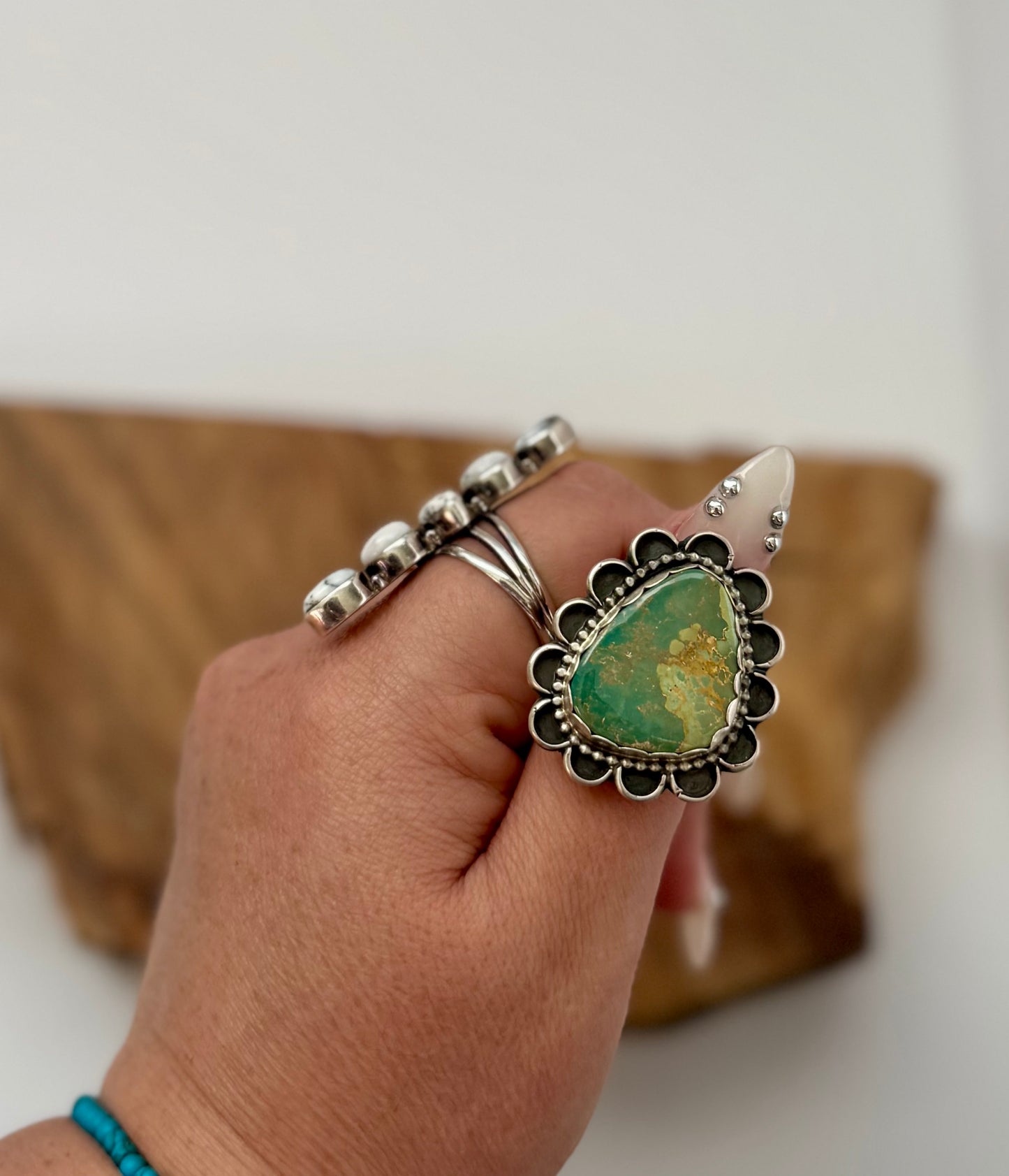 Large Scalloped Royston Turquoise Ring - Sterling Silver - Native Handmade - D (Artist) - Size Adjustable