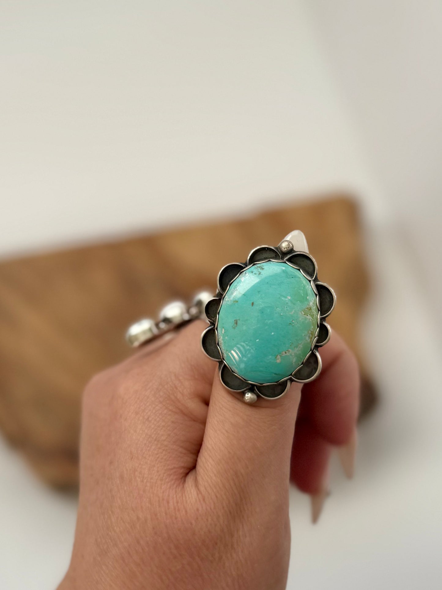 Large Scallop Turquoise Ring - Sterling Silver - Native Handmade - WM (Artist) - Size Adjustable